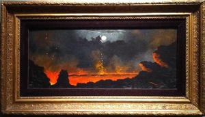 Jules Tavernier -  "Fire Fountain, Kilauea" - Oil on canvas/board - 7 1/4" x 18"