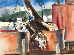 A large vat dominates this watercolor - on the wharf in Monterey - five fishermen are hard at work filling the vat with the nets used to catch the fish.