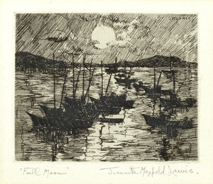 Jeannette Maxfield Lewis - "Full Moon" - Etching - 2 3/8" x 2 7/8" - Plate: Signed upper right<br>Titled lower left & signed lower right in pencil<br>Edition: 41<br>Dedicated on reverse<br><br>Ex-Collection of Mrs. Betty Hoag Lochrie McGlynn, California art historian and late daughter-in-law of early California artist, Thomas A. McGlynn.