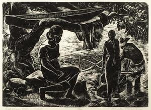 Charles Frederick Surendorf - "Fisherman's Cove - Tahiti" - Block print - 9" x 12 1/4"