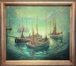 Catherine Comstock Seideneck - "Fishing Boats at Rest" - Oil on canvas - 36" x 42" - Signed lower right