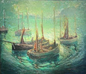 Catherine Comstock Seideneck - "Fishing Boats at Rest" - Oil on canvas - 36" x 42" - Signed lower right