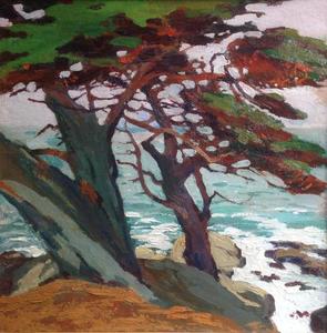 Mary DeNeale Morgan - "Cypress & Sea, Carmel" - Oil on board - 24" x 24"