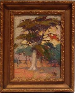Lester Boronda - "Monterey Cypress" - Oil on board - 7" x 5 1/2" - Monogram lower right<br>Titled and signed on reverse<br><br>Although born in Reno, NV on July 24, 1886, Boronda was a member of an early California family (his great-grandfather was a member of the second Junipero Serra expedition into Alta California in 1770). He was raised on a Salinas cattle ranch where today the family home is a state historical landmark.<br><br>His art studies began in San Francisco at the Mark Hopkins Institute under Arthur Mathews, where he was a classmate of Thomas A. McGlynn and E. Charlton Fortune. He also studied at the ASL in NYC under Frank Vincent DuMond. The finishing touches to his art training were under Jean Paul Laurens in Paris and in Munich. <br><br>He was an early exhibitor at the Hotel Del Monte (1910). Leaving California in 1913, he moved to New York where he established an important craftsman center which specialized in wrought iron. His painting specialty in California had been genre of old Monterey and, after moving to the East, he painted street scenes of New York.