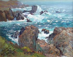 William Ritschel, N.A. - "Carmel Highlands Coast" - Oil on board - 16" x 20" - Inscribed, signed and dated lower left: 'To my friends, the MacDougals, by W. Ritschel, 1918'. Also inscribed on reverse.
<br>     Dr. MacDougal was recognized as the leading American authority on desert ecology. By 1909 he had established a coastal botanical lab for the Carnegie Institute in Carmel and he and Ritschel formed a friendship.
<br>
<br>Ritschel’s superb interpretations of the California coast earned him the title of Dean of American Marine Painters. “Few marine painters know the sea as Ritschel does…when he paints a fine marine you feel in it the beauty and the danger, the cruel, barren ocean-love which will not
<br>release the enthralled painter.” (Antony Anderson)
<br>	
<br>He was a master of any mood – the violence of a storm-tossed surf, the reverent beauty of a Pacific sunset, the ethereal-like feeling of a moonlit lagoon in the South Seas. 
<br>	
<br>Ritschel was born in Nuremberg, Bavaria.  In his youth he spent several years as a sailor before entering the Royal Academy in Munich. His talent as an artist combined with his love of the sea resulted in marine painting being the primary focus of his work. 
<br>
<br>He immigrated to the United States, settling in New York City. Within a few years he was exhibiting and winning awards alongside well-known Eastern artists including Paul Dougherty, Ernest Lawson, Childe Hassam, Edward Redfield, Willard Metcalf, and J. Alden Weir. He became a member of the Salmagundi Club in 1901 and was also a member of the New York Water Color Club and the American Watercolor Society. In 1910 he was elected an Associate Member of the National Academy of Design (ANA). In 1913 he received that Academy’s Carnegie Prize and following year received the gold medal and was elected a National Academician (NA). 
<br>	
<br>Around 1909 Ritschel and his wife, Zora, moved to California and by 1911 became regular spring-summer residents of Carmel first renting a studio/home in the Carmel Highlands from J.F. Devendorf and Frank Powers through the Carmel Development Company.  He exhibited at the S.F. Art Institute in 1911.  In 1914 the New York Times called him ‘one of the strongest painters of the country’ and included him among the “notable” artists of Carmel. He won a gold medal at the P.P.I.E., 1915, and at the California State Fair in 1916.  Outside of Carmel the private art gallery in the Hotel Del Monte was his most prominent venue on the Monterey Peninsula between 1916 and 1934.
<br>
<br>In 1921 he moved into the unique, castle-like, stone studio-home he had built high on a bluff overlooking the ocean in Carmel Highlands. He called it ‘Castel a Mare’. From his “Castel a Mare” Ritschel said that "He watched the sea…until he made himself master of a marine color-magic…"