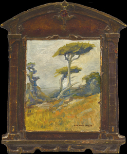 Mary DeNeale Morgan - "Carmel Coast with Cypress" - Oil on wood panel - 11" x 9" - Signed lower right<br>On back panel: E.E. Snook Art Company/Billings, Montana<br><br>The Snook Art Company was opened in Billings in 1913 by Earl and Elianor Snook. Earl Snook had been a good friend of Chief Plenty Coups of the Crow Nation, as well as artist Will James. The Snook Art Company was in business in Billings for over 100 years.<br><br>The historic Snook Art Company building, frequented in its early days by literary genius' such as Ernest Hemingway and cowboy artist and author Will James, is now home to the newly renovated Snook Art Gallery, located at 2420 2nd Avenue North in downtown Billings Montana.