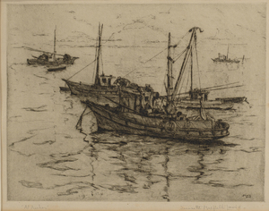 This is an etching by the artist depicting fishing boats at anchor where there is hardly any movement of the water but for the soft ripples caused by the slight motion of the fishing boats. The largest of the fishing boats dominates the center of the etch