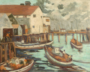Mary DeNeale Morgan - "Boats-Monterey Bay" - Oil on canvasboard - 16" x 20" - Signed lower right<br>Artist's studio label on reverse with title