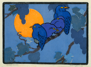 The extraordinary composition and brash colors of circa 1915 "Sleepy Heads" anticipate the psychedelic world of 1960s Pop Art. Dominating the composition are a group of four sleepy blue birds resting comfortably on a tree branch - the backdrop of an extra
