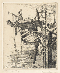 Paul Whitman - "Fisherman's Wharf" - Etching - 6" x 4.75" - Plate: Signed and dated lower left<br>Titled in pencil lower left<br>Signed in pencil lower right<br><br>Directly from the estate of Paul Whitman<br><br>Whitman would by intention prefer to challenge his considerable dawing skills by producing intricate scenes of piers and wharves.