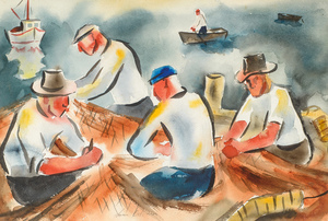 Samuel  Bolton Colburn - "Four Net Menders" - Watercolor - 15" x 21 1/2"