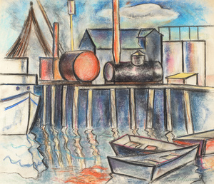 A quiet composition begins with rowboats docked by the pier in the foreground, a fishing boat docked near the pier on the left. The rest of the composition are the tanks used and a rooftop view of the canneries in the background.