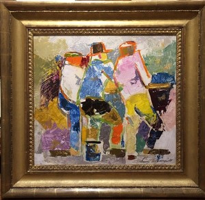 Samuel  Bolton Colburn - "Three Fishermen on the Wharf" - Oil on masonite - 19 1/2" x 21" - Signed and dated lower right: Sam Colburn '71<br><br><br>Although Colburn was known for his watercolors, pastels and charcoals, he excelled in oil - a rarely painted medium by the artist.