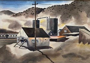 Samuel  Bolton Colburn - "Railway Station and Storage Tanks" - Watercolor - 15" x 21" - Signed lower right<br>Double sided: Coastal Seascape