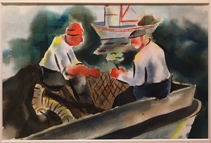 Samuel  Bolton Colburn - "Net Menders" - Monterey Bay - Watercolor - 13 1/2" x 21" - Signed and dated lower right
<br>Double sided: Sea and Land
<br>
<br>Sam Colburn gained his substantial reputation as a watercolorist and for his early paintings of the Monterey Peninsula in Northern California. He depicted the fisherman and activities around the wharf and in the canneries, and the hills and farm buildings around Salinas and Carmel Valley. His early figural works of Monterey fisherman at work in the sardine canneries made famous by John Steinbeck, reduce the figures to blocky forms in the manner of Diego Rivera.
<br>
<br>Reproduced in OLLI@CSUMB/Fall Catalogue-2022, page 3.