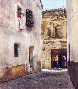 Donald Teague, N.A. - "Conversation In Spanish" -Painted in Cuenca, Spain- - Watercolor - 21 1/2" x 19"