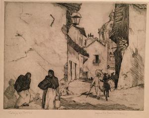 This drypoint was executed from drawings inspired by her trip to Mexico in 1936. Here she has captured a typical day in the village. Activity includes a woman walking hope carrying a bucket in her left hand; a man relaxing against the stucco wall of a hou