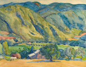 Jeannette Maxfield Lewis - "Carmel Valley Farm" - Watercolor - 13 1/4" x 17" sight size - Signed lower right<br><br><br>Lewis attended the CSFA in San Francisco where she was greatly influenced by Gottardo Piazzoni. She studied with Hans Hofmann in NYC; and locally with Armin Hansen.