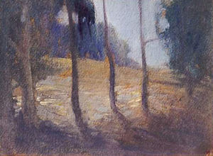 Xavier Martinez - "View through Eucalyptus Trees" - Oil on board - 6 1/4" x 8 1/2"