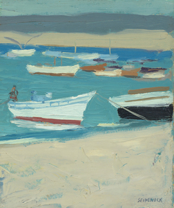 George Joseph Seideneck - "Resting Boats at Monterey" - Oil on board - 9 1/4" x 7 3/4" - Estate signed lower right
<br>PROVENANCE: From the estate of:
<br>GEORGE J. SEIDENECK
<br>Carmel Valley, Dec. 1, 1972
<br>Arne Halle – Trustee
<br>
<br>~An accomplished artisan and teacher ~
<br>Won recognition as a portraiture, photographer and landscape painter
<br>
<br>As a youth, he had a natural talent for art and excelled in drawing boats on Lake Michigan. Upon graduation from high school, he briefly became an apprentice to a wood engraver. He received his early art training in Chicago at the Smith Art Academy and then worked as a fashion illustrator. He attended night classes at the Chicago Art Institute and the Palette & Chisel Club. 
<br>
<br>In 1911 Seideneck spent three years studying and painting in Europe. When he returned to Chicago he taught composition, life classes and portraiture at the Academy of Fine Art and Academy of Design.
<br>
<br>He made his first visit to the West Coast in 1915 to attend the P.P.I.E. (SF).  Seideneck again came to California in 1918 on a sketching tour renting the temporarily vacant Carmel Highlands home of William Ritschel. While in Carmel he met artist Catherine Comstock, also a Chicago-born Art Institute-trained painter. They married in 1920 and made Carmel their home, establishing studios in the Seven Arts Building and becoming prominent members of the local arts community.