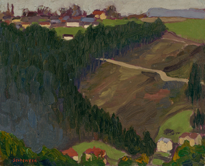 George Joseph Seideneck - "Landscape with Houses and Hills" - Oil on canvas/board - 10 1/2" x 13" - Estate signed lower left<br>PROVENANCE: From the estate of:<br>GEORGE J. SEIDENECK<br>Carmel Valley, Dec. 1, 1972<br>Arne Halle – Trustee<br><br><br>~An accomplished artisan and teacher ~<br>Won recognition as a portraiture, photographer and landscape painter<br><br>As a youth, he had a natural talent for art and excelled in drawing boats on Lake Michigan. Upon graduation from high school, he briefly became an apprentice to a wood engraver. He received his early art training in Chicago at the Smith Art Academy and then worked as a fashion illustrator. He attended night classes at the Chicago Art Institute and the Palette & Chisel Club. <br><br>In 1911 Seideneck spent three years studying and painting in Europe. When he returned to Chicago he taught composition, life classes and portraiture at the Academy of Fine Art and Academy of Design.<br><br>He made his first visit to the West Coast in 1915 to attend the P.P.I.E. (SF).  Seideneck again came to California in 1918 on a sketching tour renting the temporarily vacant Carmel Highlands home of William Ritschel. While in Carmel he met artist Catherine Comstock, also a Chicago-born Art Institute-trained painter. They married in 1920 and made Carmel their home, establishing studios in the Seven Arts Building and becoming prominent members of the local arts community.