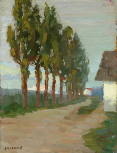 George Joseph Seideneck - "Tree Lined Country Road" - Oil on canvas/board - 12" x 9 1/4" - Estate signed lower left<br><br>~An accomplished artisan and teacher ~<br>Won recognition as a portraiture, photographer and landscape painter<br><br>As a youth, he had a natural talent for art and excelled in drawing boats on Lake Michigan. Upon graduation from high school, he briefly became an apprentice to a wood engraver. He received his early art training in Chicago at the Smith Art Academy and then worked as a fashion illustrator. He attended night classes at the Chicago Art Institute and the Palette & Chisel Club. <br><br>In 1911 Seideneck spent three years studying and painting in Europe. When he returned to Chicago he taught composition, life classes and portraiture at the Academy of Fine Art and Academy of Design.<br><br>He made his first visit to the West Coast in 1915 to attend the P.P.I.E. (SF).  Seideneck again came to California in 1918 on a sketching tour renting the temporarily vacant Carmel Highlands home of William Ritschel. While in Carmel he met artist Catherine Comstock, also a Chicago-born Art Institute-trained painter. They married in 1920 and made Carmel their home, establishing studios in the Seven Arts Building and becoming prominent members of the local arts community.