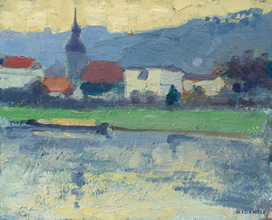 George Joseph Seideneck - "Bad Schandau on the River Elbe" - Oil on canvas/board - 10 1/2" x 13" - Estate signed lower right
<br>PROVENANCE: From the estate of:
<br>GEORGE J. SEIDENECK
<br>Carmel Valley, Dec. 1, 1972
<br>Arne Halle – Trustee
<br>
<br>~An accomplished artisan and teacher ~
<br>Won recognition as a portraiture, photographer and landscape painter
<br>
<br>As a youth, he had a natural talent for art and excelled in drawing boats on Lake Michigan. Upon graduation from high school, he briefly became an apprentice to a wood engraver. He received his early art training in Chicago at the Smith Art Academy and then worked as a fashion illustrator. He attended night classes at the Chicago Art Institute and the Palette & Chisel Club. 
<br>
<br>In 1911 Seideneck spent three years studying and painting in Europe. When he returned to Chicago he taught composition, life classes and portraiture at the Academy of Fine Art and Academy of Design.
<br>
<br>He made his first visit to the West Coast in 1915 to attend the P.P.I.E. (SF).  Seideneck again came to California in 1918 on a sketching tour renting the temporarily vacant Carmel Highlands home of William Ritschel. While in Carmel he met artist Catherine Comstock, also a Chicago-born Art Institute-trained painter. They married in 1920 and made Carmel their home, establishing studios in the Seven Arts Building and becoming prominent members of the local arts community.