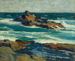 George Joseph Seideneck - "Seascape near Carmel" - Oil on canvas/board - 10 1/2" x 12 3/4" - Signed lower left
<br>
<br>~An accomplished artisan and teacher ~
<br>Won recognition as a portraiture, photographer and landscape painter
<br>
<br>As a youth, he had a natural talent for art and excelled in drawing boats on Lake Michigan. Upon graduation from high school, he briefly became an apprentice to a wood engraver. He received his early art training in Chicago at the Smith Art Academy and then worked as a fashion illustrator. He attended night classes at the Chicago Art Institute and the Palette & Chisel Club. 
<br>
<br>In 1911 Seideneck spent three years studying and painting in Europe. When he returned to Chicago he taught composition, life classes and portraiture at the Academy of Fine Art and Academy of Design.
<br>
<br>He made his first visit to the West Coast in 1915 to attend the P.P.I.E. (SF).  Seideneck again came to California in 1918 on a sketching tour renting the temporarily vacant Carmel Highlands home of William Ritschel. While in Carmel he met artist Catherine Comstock, also a Chicago-born Art Institute-trained painter. They married in 1920 and made Carmel their home, establishing studios in the Seven Arts Building and becoming prominent members of the local arts community.