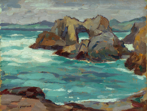 George Joseph Seideneck - "Storm Clouds" - near Pt. Lobos - Oil on board - 10 1/2" x 12 3/4" - Signed lower left<br>Signed and titled on reverse<br><br>~An accomplished artisan and teacher ~<br>Won recognition as a portraiture, photographer and landscape painter<br><br>As a youth, he had a natural talent for art and excelled in drawing boats on Lake Michigan. Upon graduation from high school, he briefly became an apprentice to a wood engraver. He received his early art training in Chicago at the Smith Art Academy and then worked as a fashion illustrator. He attended night classes at the Chicago Art Institute and the Palette & Chisel Club. <br><br>In 1911 Seideneck spent three years studying and painting in Europe. When he returned to Chicago he taught composition, life classes and portraiture at the Academy of Fine Art and Academy of Design.<br><br>He made his first visit to the West Coast in 1915 to attend the P.P.I.E. (SF).  Seideneck again came to California in 1918 on a sketching tour renting the temporarily vacant Carmel Highlands home of William Ritschel. While in Carmel he met artist Catherine Comstock, also a Chicago-born Art Institute-trained painter. They married in 1920 and made Carmel their home, establishing studios in the Seven Arts Building and becoming prominent members of the local arts community.