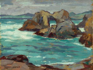 George Joseph Seideneck - "Storm Clouds" - near Pt. Lobos - Oil on board - 10 1/2" x 12 3/4" - Signed lower left
<br>Signed and titled on reverse
<br>
<br>~An accomplished artisan and teacher ~
<br>Won recognition as a portraiture, photographer and landscape painter
<br>
<br>As a youth, he had a natural talent for art and excelled in drawing boats on Lake Michigan. Upon graduation from high school, he briefly became an apprentice to a wood engraver. He received his early art training in Chicago at the Smith Art Academy and then worked as a fashion illustrator. He attended night classes at the Chicago Art Institute and the Palette & Chisel Club. 
<br>
<br>In 1911 Seideneck spent three years studying and painting in Europe. When he returned to Chicago he taught composition, life classes and portraiture at the Academy of Fine Art and Academy of Design.
<br>
<br>He made his first visit to the West Coast in 1915 to attend the P.P.I.E. (SF).  Seideneck again came to California in 1918 on a sketching tour renting the temporarily vacant Carmel Highlands home of William Ritschel. While in Carmel he met artist Catherine Comstock, also a Chicago-born Art Institute-trained painter. They married in 1920 and made Carmel their home, establishing studios in the Seven Arts Building and becoming prominent members of the local arts community.