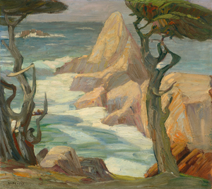 George Joseph Seideneck - "Pinnacle Rock" Pt. Lobos - Oil on board - 18" x 20" - Estate signed lower left
<br>PROVENANCE: From the estate of:
<br>GEORGE J. SEIDENECK
<br>Carmel Valley, Dec. 1, 1972
<br>Arne Halle – Trustee
<br>
<br>
<br>~An accomplished artisan and teacher ~
<br>Won recognition as a portraiture, photographer and landscape painter
<br>
<br>As a youth, he had a natural talent for art and excelled in drawing boats on Lake Michigan. Upon graduation from high school, he briefly became an apprentice to a wood engraver. He received his early art training in Chicago at the Smith Art Academy and then worked as a fashion illustrator. He attended night classes at the Chicago Art Institute and the Palette & Chisel Club. 
<br>
<br>In 1911 Seideneck spent three years studying and painting in Europe. When he returned to Chicago he taught composition, life classes and portraiture at the Academy of Fine Art and Academy of Design.
<br>
<br>He made his first visit to the West Coast in 1915 to attend the P.P.I.E. (SF).  Seideneck again came to California in 1918 on a sketching tour renting the temporarily vacant Carmel Highlands home of William Ritschel. While in Carmel he met artist Catherine Comstock, also a Chicago-born Art Institute-trained painter. They married in 1920 and made Carmel their home, establishing studios in the Seven Arts Building and becoming prominent members of the local arts community.