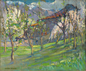 Catherine Seideneck - "Orchards in Springtime" - Oil on canvas - 20" x 24" - Signed lower left<br><br>~An accomplished artisan and teacher ~<br>Equally skilled as a painter of oil, watercolor, pastel, and oil wash