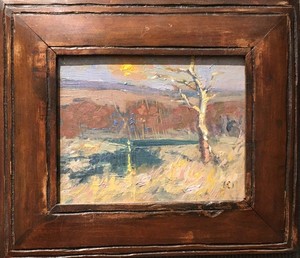 Lester Boronda - "Early Moonlight, California" - Oil on board - 5" x 7" - Monogram lower right
<br>Titled and signed on reverse
<br>Retains original carved Boronda frame