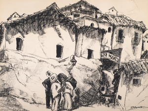 Jeannette Maxfield Lewis - "Village Life" - Mexico - Charcoal - 19" x 26" - Signed lower right