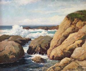 Arthur Hill Gilbert, A.N.A. - "Marine" - Carmel Highlands - Oil on canvas - 25" x 30" - Signed lower right: Arthur Hill Gilbert, A.N.A.
<br>Titled, signed and dated on reverse canvas
<br>
<br>Arthur Hill Gilbert established a lasting reputation as an able interpreter of California’s rolling, oak-studded hills, and its rugged coastline.
<br>
<br>Arriving in California to study at the Otis Art Institute in Los Angeles about 1920, he would first earn recognition exhibiting through the Stendahl Galleries and the Laguna Beach Art Association. 
<br>
<br>He moved north to Monterey in 1928 and became an active member of the newly formed Carmel Art Association. He was soon to win major national awards and was one of the very few California impressionists to be elected into the prestigious National Academy of Design receiving  an associate membership in 1930. 
<br>
<br>Gilbert continued exhibiting statewide and nationally, while playing a formative role in the art community of the Monterey Peninsula. As a member of the prestigious “Big Four”, Gilbert exhibited often with fellow resident academicians: Armin Hansen, William Ritschel, and Paul Dougherty.