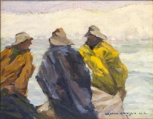 Armin C. Hansen, N.A. - "Discussing the Catch" - Oil on canvas - 8" x 10" - Signed lower right<br>Signed and titled on reverse<br><br>Armin Hansen based this oil painting on the fishermen character studies depicted in his etching - "Fisher Crew" of 1924, and it will accompany the sale of "Discussing the Catch"