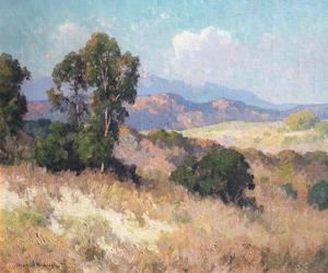 Here the artist portrays first the brush in the immediate landscape, then oak trees on the hill and takes the viewer to the vast Colorado hills and mountians in the background.