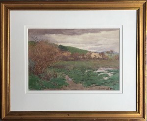 Sydney Yard - "Marshland near Monterey" - Watercolor - 10" x 14 1/2" - Signed lower right
<br>
<br>“A painter of California, one of the very few native-born, we have in Sydney Yard, who, from an early meticulous manner, developed a broader and decorative delineation of the northern California landscape. His medium was watercolor, and his sincerely studied and finely patterned small canvases are distributed through many California homes. His work is charming without being weak.” (The History & Ideals of American Art by Eugen Neuhaus, 1931).
<br>
<br>A pioneer Carmel artist, Sydney Yard established one of the first studios on Lincoln and Seventh Streets.
<br>
<br>Born 1855 in Rockford, Illinois, Yard began his art studies under George J. Robertson. He later studied in the British Isles where he mastered English watercolor techniques under the instruction of Royal Academician Sutton Palmer.
<br>
<br>In 1882, after achieving some recognition in New York, Yard moved to California. For the first three years he ran several photography studios in San Jose and Palo Alto with artist friend Andrew Putnam Hill. During this time, he exhibited several paintings at the San Francisco Art Association.
<br>
<br>Yard settled permanently in Carmel in 1906. He exhibited frequently at The Del Monte Gallery as well as at several galleries in the San Francisco Bay Area until his death in 1909. Best known for his watercolors, his works are primarily landscapes and coastal scenes of the Monterey Peninsula.