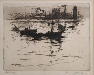 Armin C. Hansen, N.A. - "Anchorage" - Etching - 5" x 6 3/8" - Plate: Signed and dated, lower left: Armin Hansen '21<br>Titled in pencil lower left<br>Signed in pencil lower right<br><br>Illustrated: 'The Graphic Art of Armin C. Hansen, A Catalogue Raisonne' by Anthony  R. White/1986. Plate 37,  page 49.