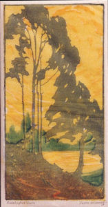 Pedro J. de Lemos - "Eucalyptus Trees" - Color woodblock - 10 1/4" x 5 1/4"