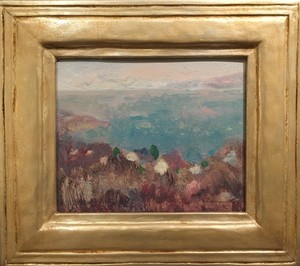 Thomas A. McGlynn - "Sea Village" - Oil on masonite - 7 3/4" x 9 1/4" - Signed lower right
<br>Retains original frame