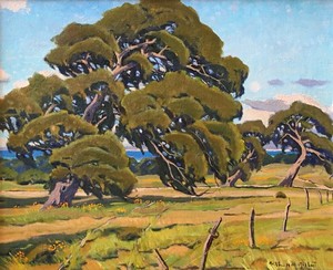 Arthur Hill Gilbert, A.N.A. - "Friendly Oaks" - Oil on canvas - 16" x 20" - Signed lower right
<br>Titled on reverse
<br>
<br>As a member of the prestigious "Big Four", Gilbert exhibited often with fellow resident academicians: Armin Hansen, William Ritschel, and Paul Dougherty.