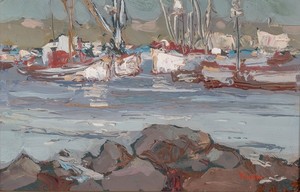 S.C. Yuan - "Boats - Monterey Bay" - Oil on masonite - 5 3/4" x 9" - Signed lower right<br><br>The rarest of gems come in all sizes, shapes and colors!<br><br>Yuan settled on the Monterey Peninsula in 1952 where he met, befriended and was influenced by artist Armin C. Hansen. <br><br>During his lifetime he was honored with several one-man shows in San Francisco, Boston, and New York, where he showed his traditional as well as his more abstract works. Whenever he entered his paintings in juried shows, he won prizes and top honors.  With profound dedication and discipline he created a legacy of paintings rich in beauty and tranquility.