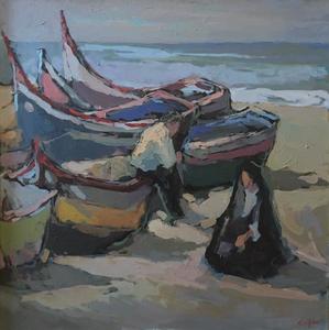 S.C. Yuan - "Nazare" - Oil on canvas - 35 1/2" x 35 1/2" - Signed lower right<br>Titled on reverse<br><br>Note: <br>Nazare, named after the Biblical “Nazareth” in the 4th century, is Portugal’s most famous fishing village, now becoming important as well in the world of big wave, tow-in surfing. The tallest wave ever recorded being surfed – by a Hawaiian big-wave surfer – was off Nazare.