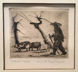 Jeannette Maxfield Lewis - "To Market, To Market" - Etching - 2 1/2" x 3" - Plate: Signed lower right<br>Titled in pencil lower left<br>Signed in pencil lower right<br><br>Exhibition Catalogue: 'Jeannette Maxfield Lewis: A Centennial Celebration' MPMA/1994. #188 in Catalogue Raisonne: The Complete Etchings by Anthony R. White