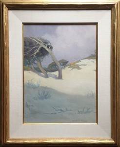 Mary DeNeale Morgan - "Wind Swept Pines" - Moss Beach Dunes - Watercolor and gouache - 18 3/4" x 13 3/4" - Signed lower right<br>Titled on reverse<br><br>In 1928 Scribner's Magazine named her as -one of the nation's foremost women artists.<br><br>Morgan was born in San Francisco. From 1886-1890 and again in 1892, Morgan attended the California School of Design in San Francisco, where she studied with Virgil Williams, Amédée Joullin, Arthur Mathews and others. In 1896 she opened a studio in Oakland and, for a brief time, taught art at Oakland High School. <br><br>In 1909 she settled in Carmel where she bought the studio-home of Sydney Yard located on Lincoln near Seventh. She was a pupil in Wm M. Chase's summer classes there in 1914, director of the Carmel School of Art (1917-25), and a founder of the Carmel Art Association, <br><br>Morgan died in Carmel leaving a great legacy to California art as a teacher, organizer, and painter. Working in pastel, tempera, oil, and watercolor, she painted sand dunes, wharf scenes, adobes, landscapes, and the wind-swept cypresses of the Monterey Peninsula.
