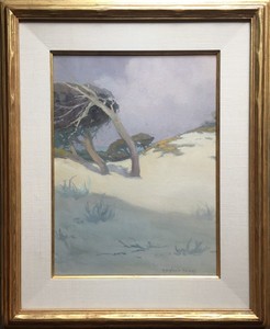 Mary DeNeale Morgan - "Wind Swept Pines" - Moss Beach Dunes - Watercolor and gouache - 18 3/4" x 13 3/4" - Signed lower right
<br>Titled on reverse
<br>
<br>In 1928 Scribner's Magazine named her as -one of the nation's foremost women artists.
<br>
<br>Morgan was born in San Francisco. From 1886-1890 and again in 1892, Morgan attended the California School of Design in San Francisco, where she studied with Virgil Williams, Amédée Joullin, Arthur Mathews and others. In 1896 she opened a studio in Oakland and, for a brief time, taught art at Oakland High School. 
<br>
<br>In 1909 she settled in Carmel where she bought the studio-home of Sydney Yard located on Lincoln near Seventh. She was a pupil in Wm M. Chase's summer classes there in 1914, director of the Carmel School of Art (1917-25), and a founder of the Carmel Art Association, 
<br>
<br>Morgan died in Carmel leaving a great legacy to California art as a teacher, organizer, and painter. Working in pastel, tempera, oil, and watercolor, she painted sand dunes, wharf scenes, adobes, landscapes, and the wind-swept cypresses of the Monterey Peninsula.