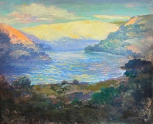Thomas A. McGlynn - "The Cove" - Oil on canvas - 25" x 30" - Estate signature lower right<br>Directly from the estate of Thomas A. McGlynn<br><br>Front cover of gallery catalogue…<br>Thomas A. McGlynn (1878-1966)<br>Craftsman, Designer, Teacher, Painter, "a lifetime dedicated to artistic passions…"<br><br>Selected paintings by early California artist Thomas A. McGlynn<br>Copyright 2005 by Trotter Galleries<br><br><br>"The Cove" had been given to the artist’s son and was never signed by the artist, as it was a gift in the family and never meant to be sold. <br>Tom McGlynn the third signed a letter of authorization for an estate signature stamp to be applied to the front of the painting, and copied directly from another signed McGlynn painting, as most collectors prefer seeing an artist signature.   This is a common practice for situations like this when authorization is given by the family.  Many major artworks have authorized estate signatures, including artwork by Franz Bischoff, Edgar Payne, Alson Clark, etc. what rarely seen is a painting having a signed letter by the authorized family member, and for a specific painting like we have for "The Cove".