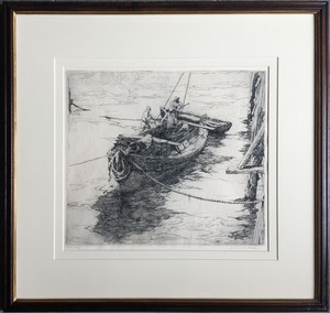 Armin C. Hansen, N.A. - "Sardine Barge" - Etching - 12 7/8" x 14 5/8" - Plate: Signed & dated, lower left: Armin Hansen '22. <br>Titled in pencil lower left; signed in pencil lower right.<br><br>In: 'The Graphic Art of Armin C. Hansen-A Catalogue Raisonne by Anthony R. White/1986; plate #43, pages 54, 55.<br><br>THIS IS HANSEN'S SIGNATURE ETCHING - AND ICONIC COMPOSITION. <br>HIS GOLD MEDAL WINNER IN 1923 AT THE LA INTERNATIONAL EXHIBITION BY THE LOS ANGELES CHAMBER OF COMMERCE FOR BEST PRINT IN EXHIBIT.