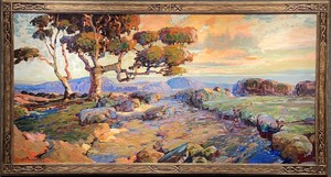 Karl Schmidt - "California Coastal Hillside with Oaks" - Oil on panel - 24" x 48" - Signed and dated 1930 lower left
<br>
<br>Artist's hand-carved arts & crafts frame with hand-signed plaque
<br>
<br>Karl Schmidt was a leading proponent of the Arts and Crafts movement. Traveling to England from his native city in Worcester, MA he likely came under the influence of the arts and crafts painter Frank Brangwyn; and later the teachings of Arthur Wesley Dow. 
<br>
<br>In 1915 he moved to Santa Barbara joining a group of painters in the mission-style studio of California artist, Alexander Harmer. His paintings were displayed at the Panama Pacific International Exposition in San Francisco (PPIE), 1915. He further exhibited at the Los Angeles County Museum of Art (LACMA), the Art Institute of Chicago, National Academy of Design, and the Cincinnati Museum of Art, among many other venues.